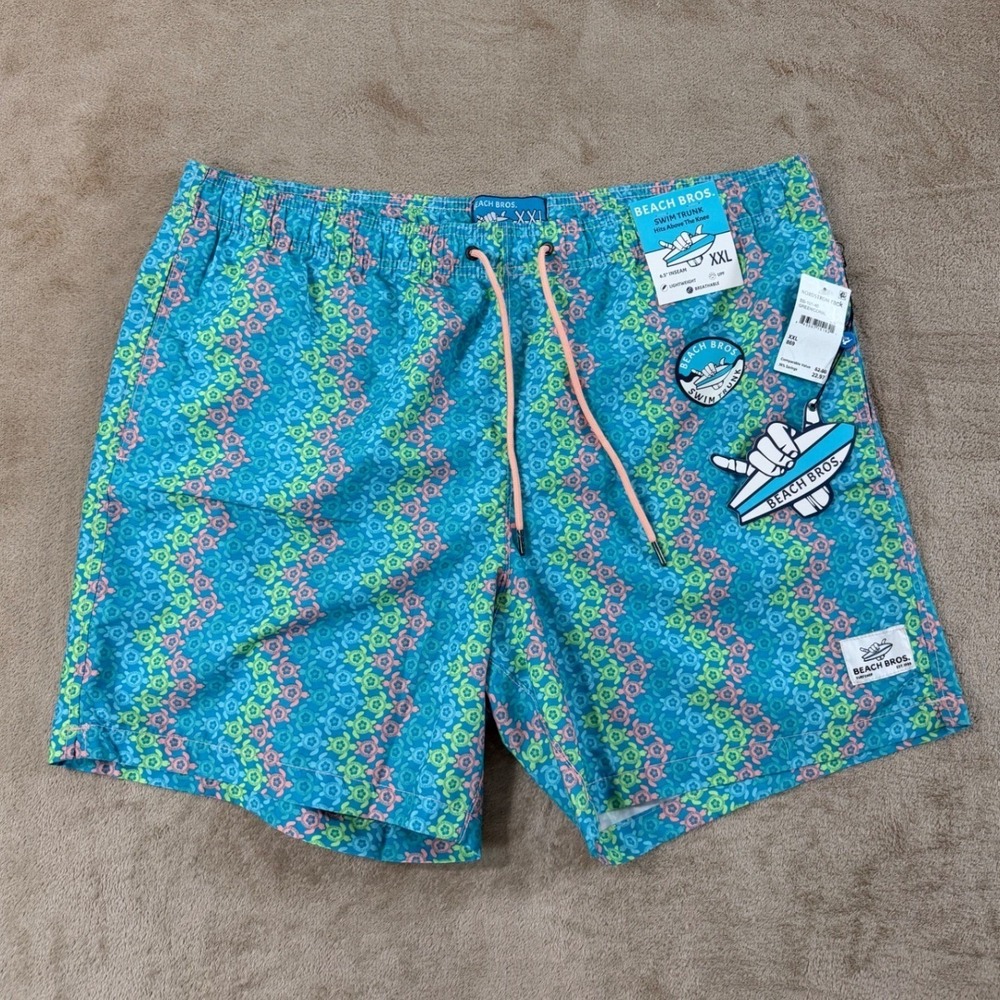 Beach Bros Swim Trunks Mens 2XL Green/Coral Sea Turtle Print UPF Lightweight NEW